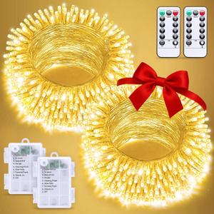 JMEXSUSS 2 Pack Outdoor String Lights Battery Operated, Total 66ft 200 LED Fairy Lights with Remote, Warm White Battery Christmas Lights for Bedroom Indoor Holiday House Tree Porch Party Yard