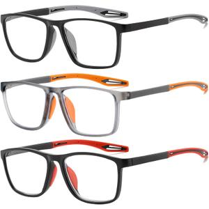 Reading Glasses for Men Sporty Design TR90 Blue Light Blocking Reader Comfortable and Flexible Lightweight +3.0 (Gray, Orange, Red)