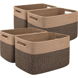 OIAHOMY 4 Pack Storage Baskets for Organizing, Basket for Shelves with Handle, Woven Baskets for Storage Toys, Towels, Books, Cotton Rope Basket 13" L x 9 " W x 7.8 " H, Brown & Black