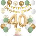Sage Green White Gold 40th Birthday Balloons with Happy 40th Banner, Cake Topper, Foil Balloons for 40 Year Old Party Decoration