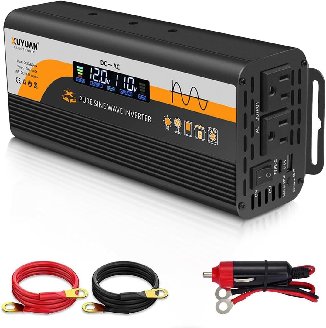 500W Pure Sine Wave Inverter, 12V/24V Auto-Detect, 50Hz/60Hz Switchable, LCD Display, Type-C Fast Charging, Silent Design, Overload & Overheat Protection for RV, Home