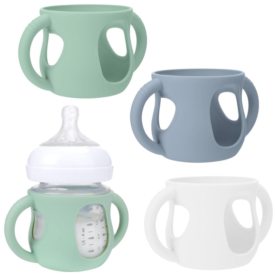 BUSOHA 3 Pack Silicone Sleeves for Avent Baby Bottles - Anti Breakage Baby Bottle Holder with Handle for Avent Natural Glass Baby Bottles,Compatible with Avent Baby Bottle,4 oz (Dark Green+White+Dark Blue)