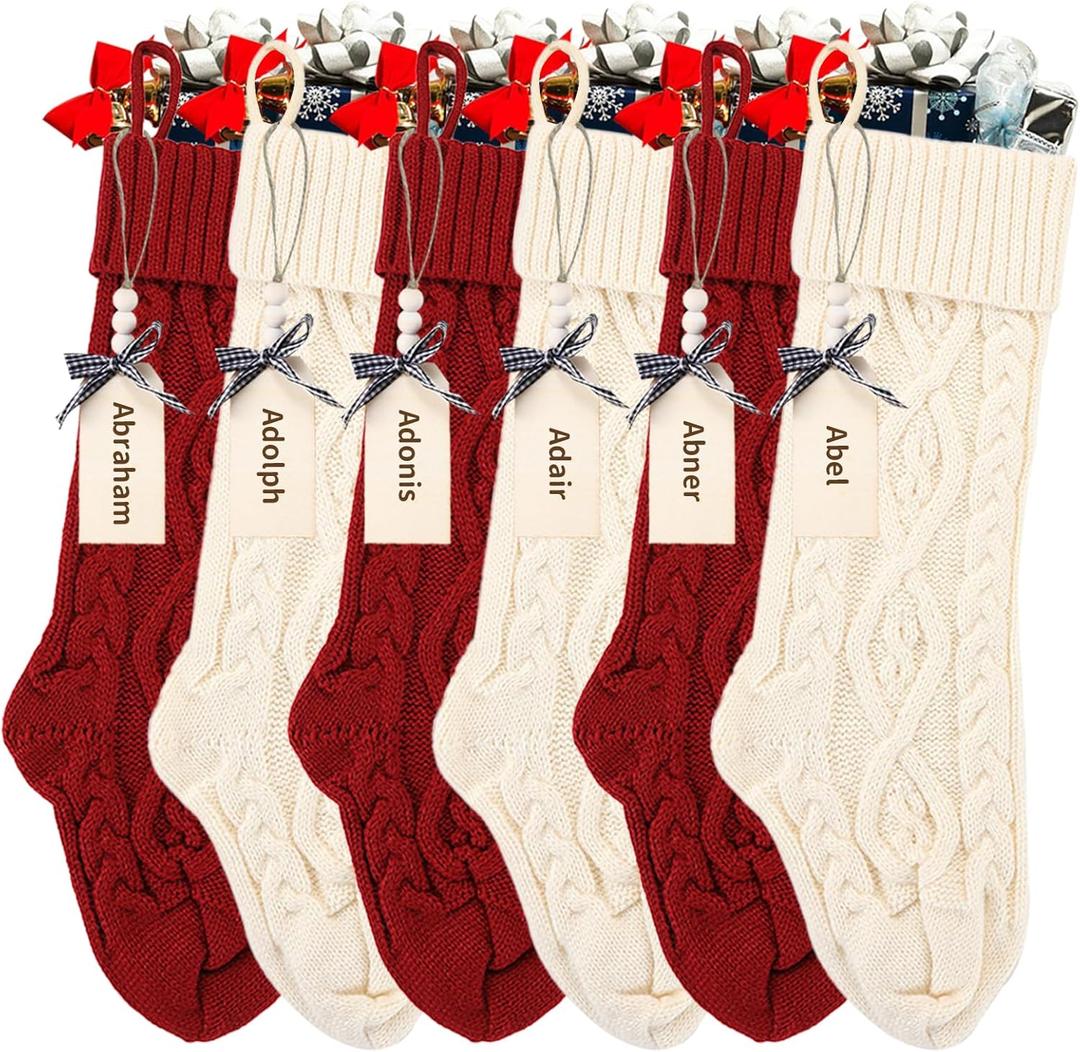 18 Inches Personalized Christmas Stockings: 6 Pack Red Ivory Knit Christmas Stockings Set with Name Tags Christmas Decor Neutral Xmas Decorations Holiday Farmhouse Indoor Rustic Home Decor