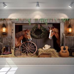 Western Backdrop 20x10ft Cowboy Party Decorations Wild West Rodeo Themed Banner Decor Country Rustic Barn Horse Photo Background for Baby Shower Birthday Supplies