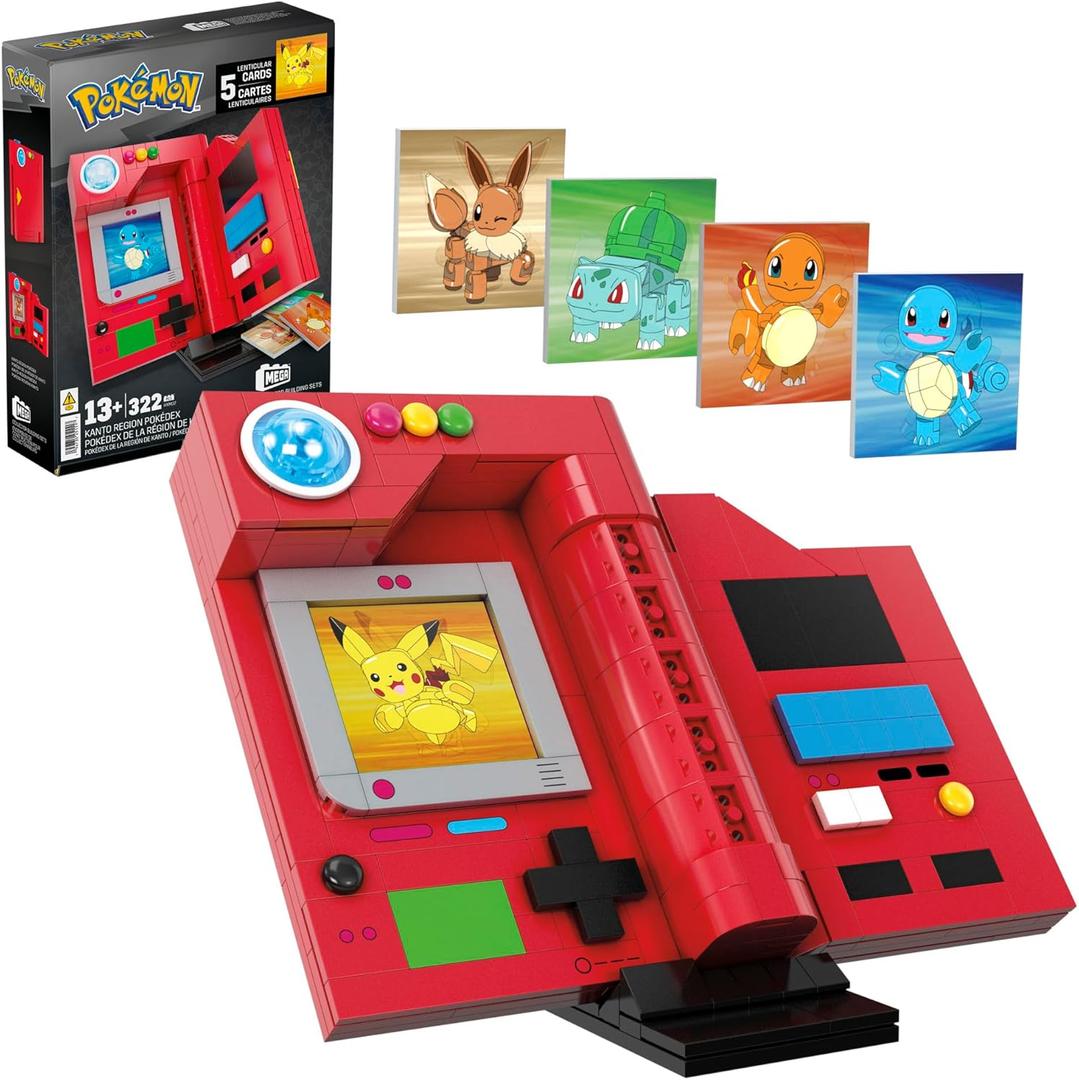 MEGA Pokmon Building Toys Set, Kanto Region Pokdex with 322 Pieces, Light and 5 Lenticular Cards, for Kids or Adult Collectible