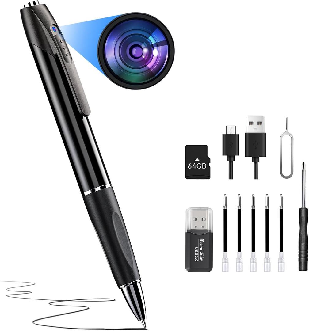 64G 1080P HD Portable Body Camera for Home Security, Rechargeable Pen Camera with Take Photos, Loop Recording, Long Battery, Small Nanny Cam Ideal for Outdoor, Indoor, Meeting, Lecture, Easy to Use - Black