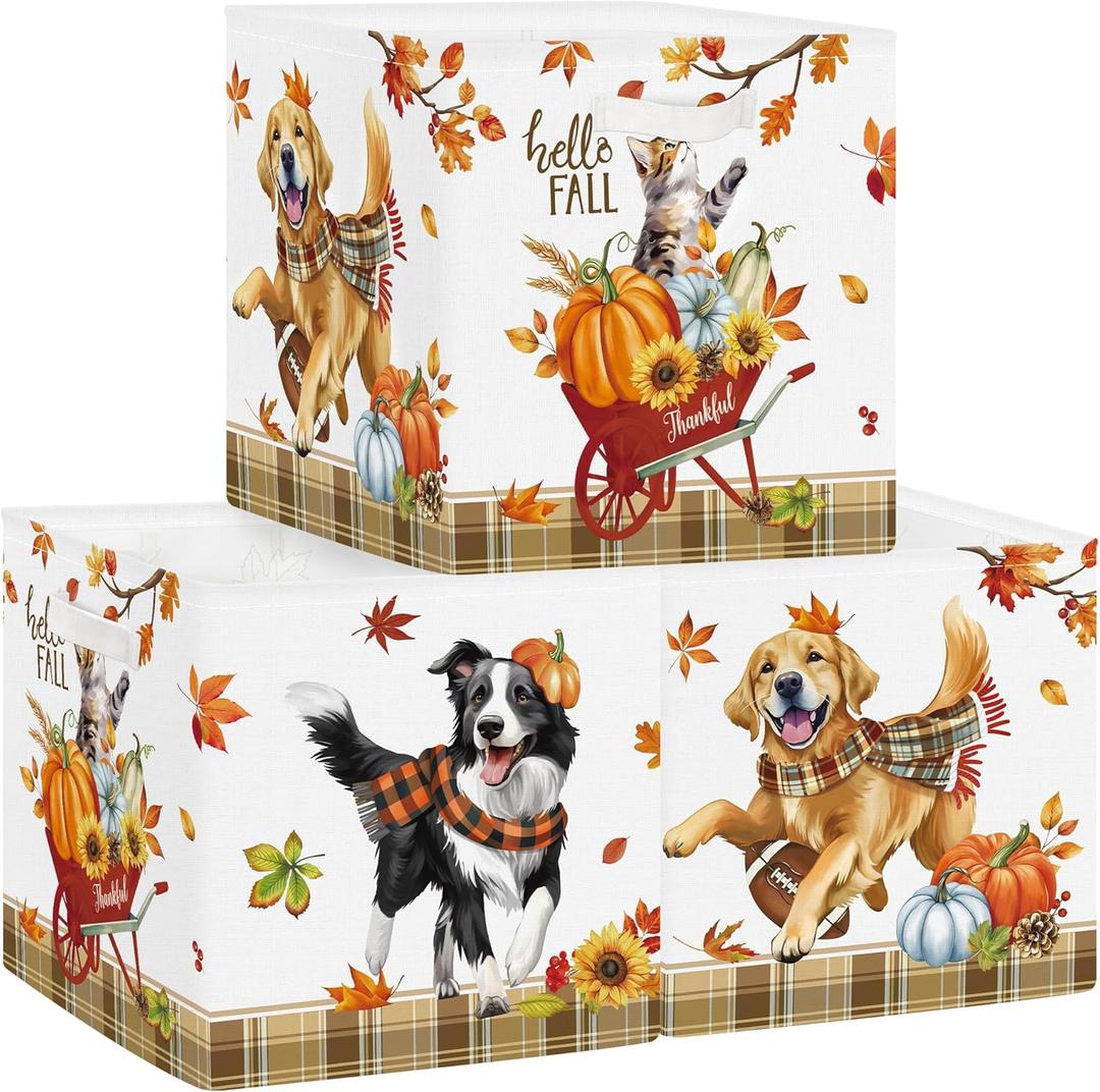 Clastyle Thanksgiving Fall Basket Pumpkin Cube Storage Unit Boxes Leaf Kallax Box for Shelves Autumn Storage Baskets for Books Clothes,Colorful Pet,11.8x11.8x11.8 in (3pcs/set)