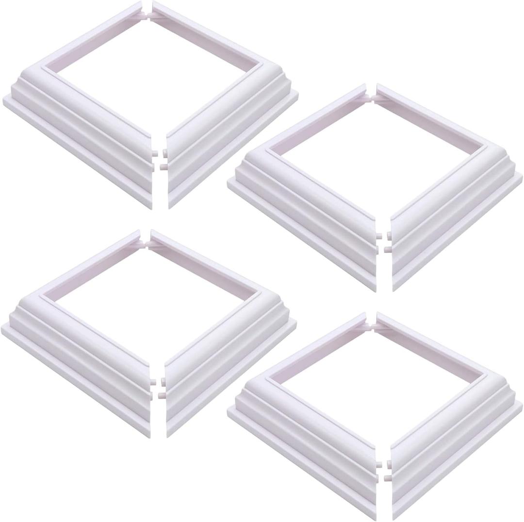 4pcs True 4 * 4inch Split Style Vinyl Fence Post Skirt/White Color PVC Post Cover/Skirt Shoe for Hand and Stair Rails, Two-Piece England Base Trim Ring Railing