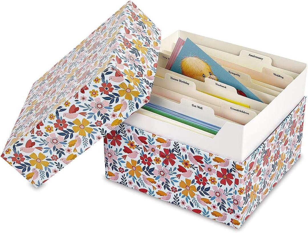 Current Blossom Floral Greeting Card Organizer Box with Dividers - Storage for 140+ Cards by Occasion and Recipient, Christmas, Birthday, Sympathy Cards, Photos, Large 7" x 9" x 9-1/2"