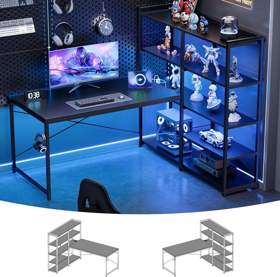 Pamray L Shaped Computer Desk with Reversible Side Storage Shelves, 49 Inch Gaming Desk with Power Outlets and Led Lights, PC Table for Home Office and Bedroom Black