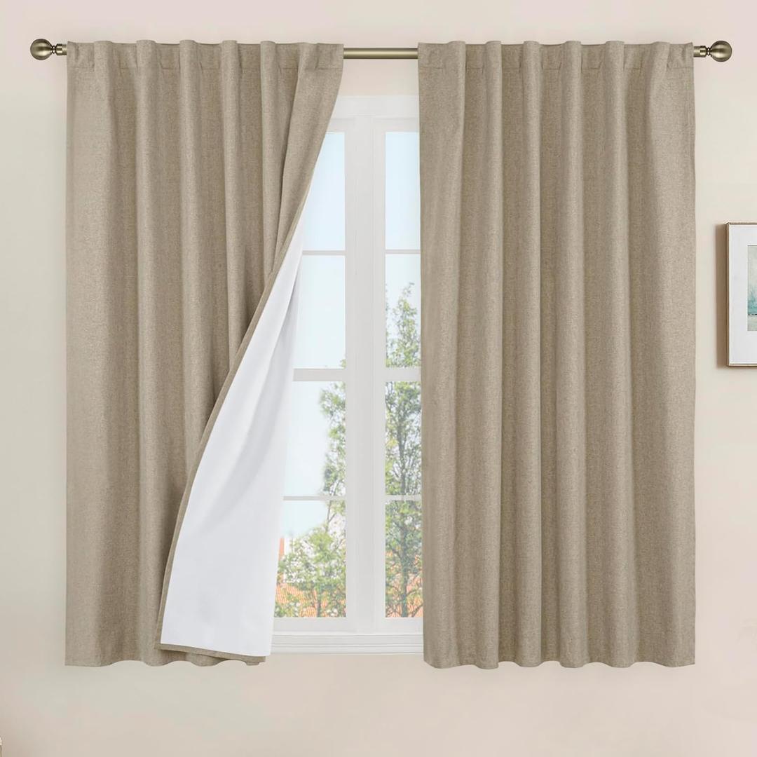 LAMIT Linen Full Blackout Window Curtains for Bedroom, 54 Inches Thermal Farmhouse Curtains Back Tab and Rod Pocket Privacy Protected Burlap Panels with White Liner, 2 Panels, 52 x 54 Inch, Taupe