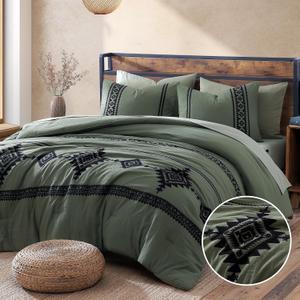 MaiRve Embroidery Comforter Set, Boho Farmhouse Western Bedding Set, All Season Bed in A Bag Comforter Set with Sheets, Pillowcases & Shams, Olive Green Full 7 Pieces