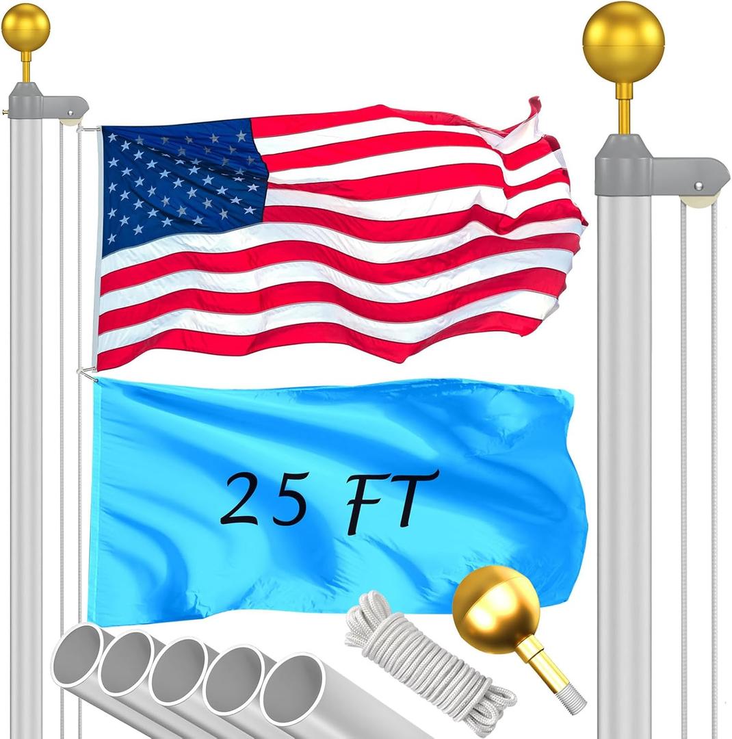 Flag Pole Kit 25FT, 12 Gauge 1.8mm Thickness Heavy Duty Flag Poles with 3x5 American Flag, Silver Flag pole for Outdoor House In Ground, Extra Thick Flagpoles Suitable for Yard and Garden