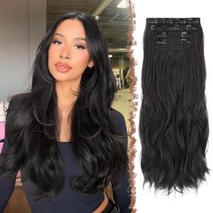FESHFEN Clip in Hair Extensions for Women - 4 Pcs Thick Double Weft Long Wavy Soft Synthetic Blends Well Hair Extension, 24 inch Natural Black