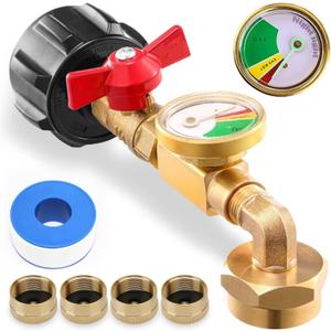 Upgraded Propane Refill Adapter with Valve & Gauge, Solid Brass QCC1 Refill Elbow for 1LB Small Tank to 5-40LB Cylinders, Camping & Grill Use