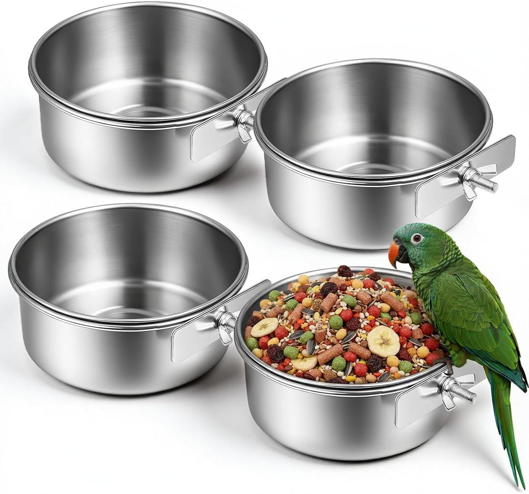 4 Pcs Bird Feeding Dish Cups, 15 OZ Detachable Stainless Steel Bird Food Bowls with Clamp, Hanging Pet Bowl for Cockatiel Parakeet Macaw Finches Lovebirds Small Animals