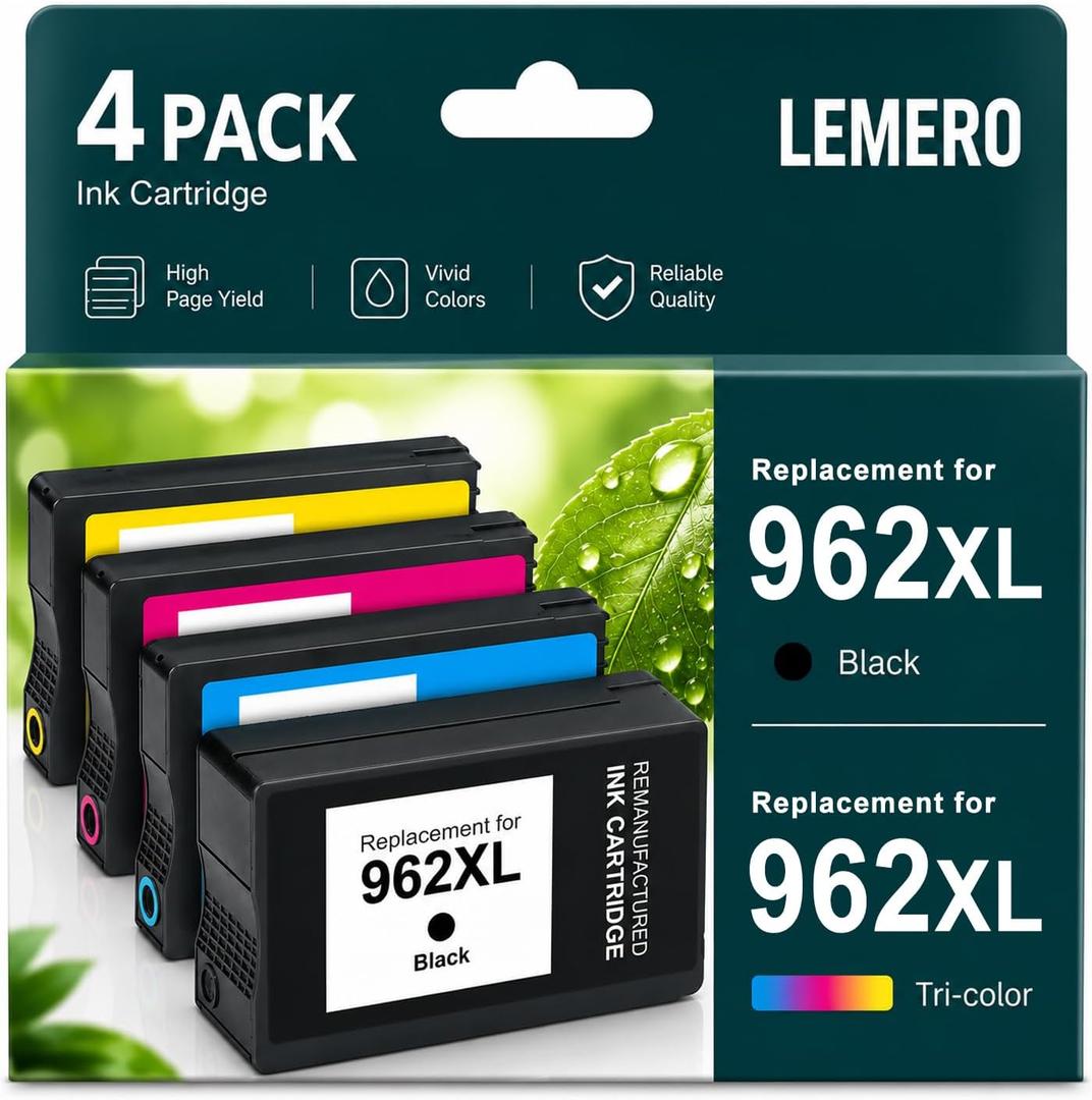 LEMERO Compatible 962XL Ink Cartridges Combo Pack High Yield Replacement for HP 962 962XL Ink Cartridges, Compatible for OfficeJet Pro 9015 9010 9025 9020 Printer, 4-Pack