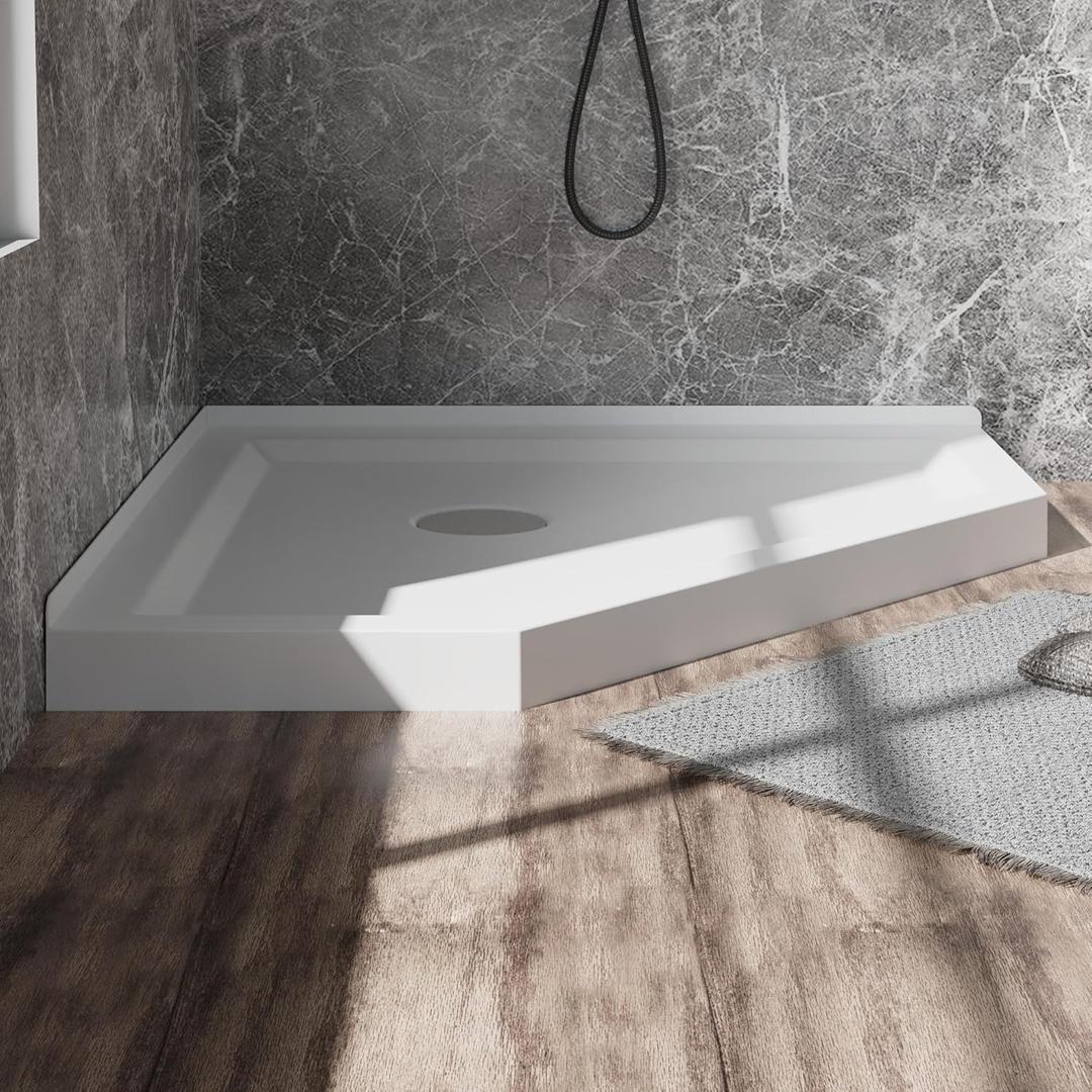 Goodyo 36 in. D x 36 in. W x 3.5 in. H Corner Drain Neo-Angle Shower Base in White