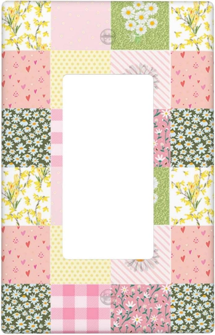 Checkered Daisy Floral Single Rocker Light Switch Plates And Outlet Covers Decorative Electrical Wall Plate Receptacle Switchplate Decorate Plug Cover For Bathroom Bedroom Kitchen 4.6 * 2.8 Inch