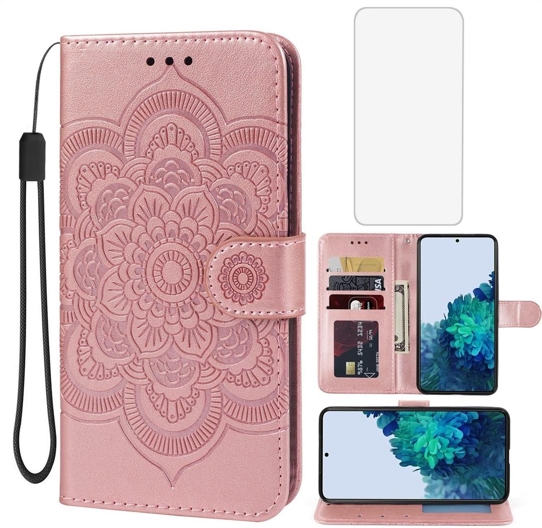 Case for Galaxy S22 Case, Samsung S22 SM-S901U Wallet Case with Tempered Glass Screen Protector, Mandala Leather Flip Credit Card Holder Stand Phone Cover for Samsung Galaxy S22 5G Rose Gold