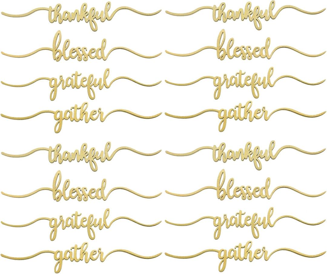 Jetec 16 Pieces Thanksgiving Cutout Signs Thankful Wood Cutout Plate Sign Grateful Blessed Gather Table Sign Decorations Rustic Wood Wall Decor for Thanksgiving Christmas, 2 x 9.8 in (Gold)