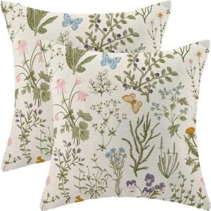AEIOAE Spring Pillow Covers 18x18 Inch Set of 2,Sage Green Wild Flower Plant Throw Pillows Case,Seasonal Floral Outdoor Decorative Square Linen Farmhouse Decor Cushion Covers for Home Sofa Bed Couch