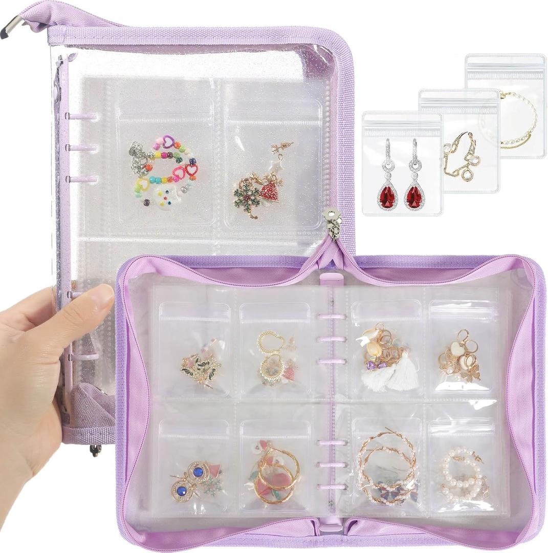 Jewelry Organizer Book Clear Travel earring book organizer Transparent Jewelry Book with Zipper Pouch Bags (Purple,With 80 PCS Small Jewelry Bags)