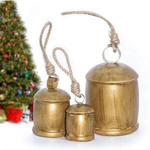 Shabby Chic Christmas Bell Set of 3, Vintage Gold Rustic Metal Harmony Cowbells with Jute Rope for Hanging, Farmhouse Decor for Door, Wall, Tree, Christmas, Thanksgiving & Crafts