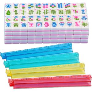 American Mahjong Tile Set Pink 166 Mahjong Tiles 1.2-inch American Mahjong Tile Set Equipped with 4PCS Mahjong Racks with Pushers, 1.2 x 0.9 x 0.5 inches