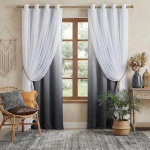 PONY DANCE Living Room Curtains - Blackout Curtains Grey Ombre with White Sheer Overlay Thermal Insulated Mix & Match for Home Decoration with Tie Ropes, W52 x L84 inch, 2 Panels