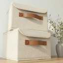 Decorative Linen Storage Boxes with Lids - Spacious Set of 2 Organizer Bins for Your Home Decor - The Perfect Small Container to Safely Store Photos, Documents and Memory Box Keepsakes in Style,  Ivory, Medium