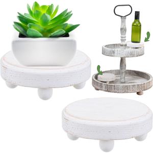Blulu 2 Pieces 4 Inches Round Wooden Riser for Decor Vintage Plant Risers Mini Wood Risers Stackable Tiered Tray Decor Riser Stands Retro Food Display for Cake Party Food Collection Display