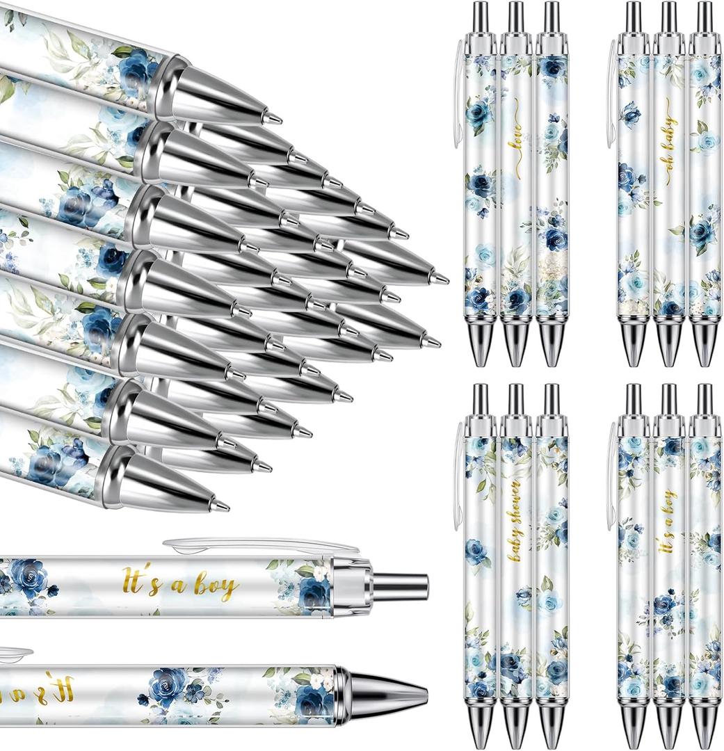 Chuangdi 24 Pcs Blue Floral Baby Shower Ballpoint Pens Favors Bulk Retractable Ballpoint Pen Black Ink with Gifts for Guests School Supply
