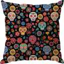 Dia De Los Muertos Pillow Cover Sugar Skull Colorful Flowers Day of The Dead Mexican Throw Pillow Case Decorations for Farmhouse Home Bedroom Sofa Couch Outdoor Holiday Decor 16x16 Inch