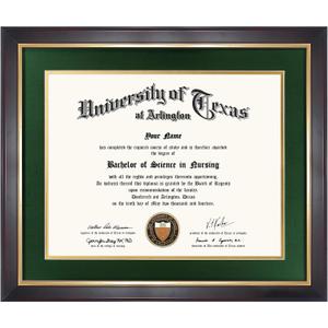 GMFrames 11x14 Wood Diploma Frame with Green Mat or Display 14x17 Certificates without Mat,UV Protection Acrylic,Deep Brown Finish with Gold Trim