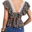 SweatyRocks Women's Floral Printed Lace Blouses Tie Back Ruffle Sleeve Square Neck Peplum Tops XL