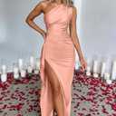 Memoriesea Women's Sexy One Shoulder High Split Cocktail Wedding Party Maxi Dress (Pink) M
