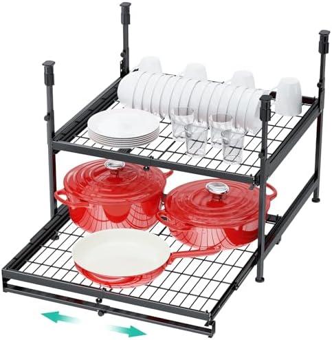 Hisencn 2 Tier Pull Out Cabinet Organizer Expandable 13-21 Inch Wide, No-Drill Slide Out Drawers Kitchen Cabinets Pull Out Shelves, Pantry Spice Pot and Pan Organizer Under Cabinet Storage Basket-21"D
