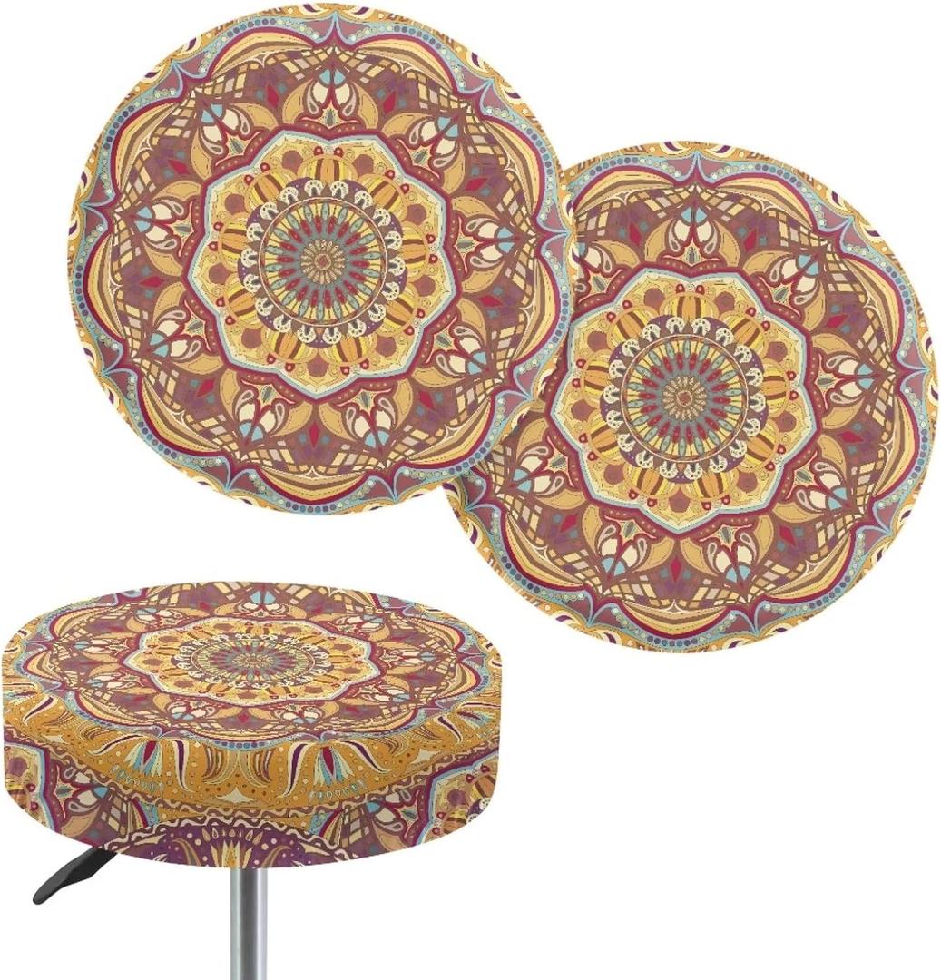 Lotusorchid Boho Stool Covers Round, Mandala Flower 2 Piece Bar Stool Cover Elastic Stool Cushion Cover, Washable Stool Slipcover Soft Stool Seat Covers Non Slip Bar Chair Covers with Elastic Bands (14"-16")