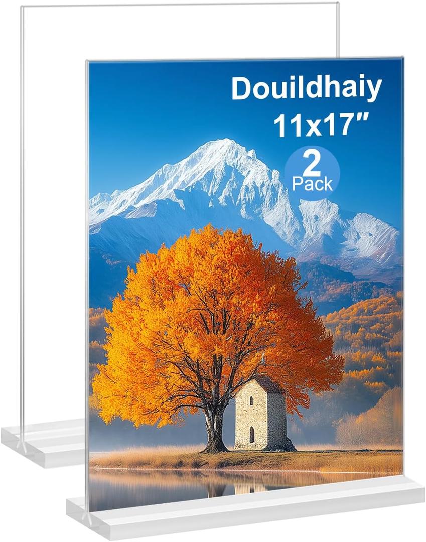 Acrylic Picture Frame 11x17 inches, 2 Pack Clear Plastic Picture Sign Holder Standing,Vertical Double Sided Picture Desktop Display for Photo,Home, Office and Store