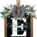 Last Name All Year Round Front Door Wreath with 26 Initial Letter Welcome Sign All Seasons Eucalyptus Garland and Bow ，Farmhouse, Porch, for Spring Summer Fall All Seasons Holiday Halloween Christmas.（E）
