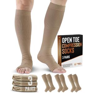 Doctor's Select 3 Pairs Copper Toeless Compression Socks Women & Men - 20-30 mmHg Open Toe, Knee High, Nude Compression Socks, Compression Sock for Women Nude, Tan (Large-X-Large)