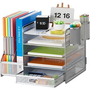Marbrasse Desk Organizer with File Holder, 5-Tier Paper Letter Tray Organizer with Drawer and 2 Pen Holder, Mesh Desktop Organizer and Storage with Magazine Holder for Office Supplies (Silver)