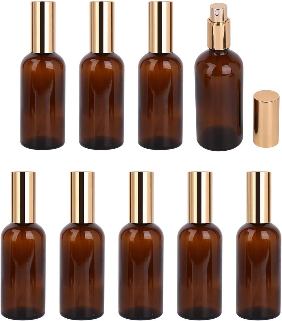 8 x Foraineam 9 Pack 100ml / 3.4 oz. Amber Glass Spray Bottle with Atomizer, Fine Mist Spray, Refillable Container for Perfume, Cleaning Products, Essential Oils
