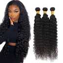 30 30 30 Inch #1B Deep Wave Bundles Human Hair 3 Bundles 50 Grams Per Bundle 10A Grade Unprocessed Brazilian Virgin Hair Natural Black Deep Wave Bundle Weaves Extensions