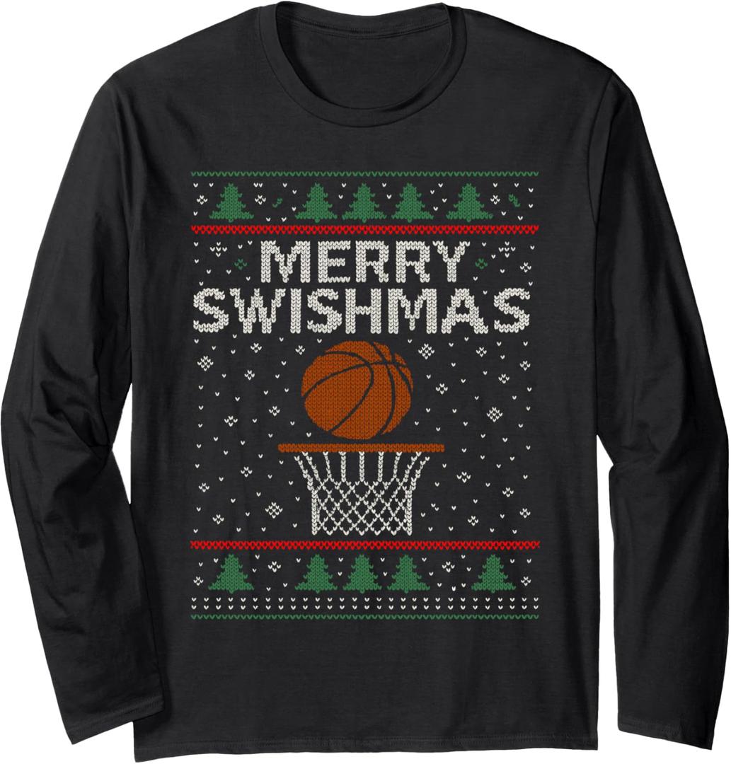 Merry Swishmas Ugly Christmas Sweater Basketball Jumper Xmas Long Sleeve T-Shirt, XL