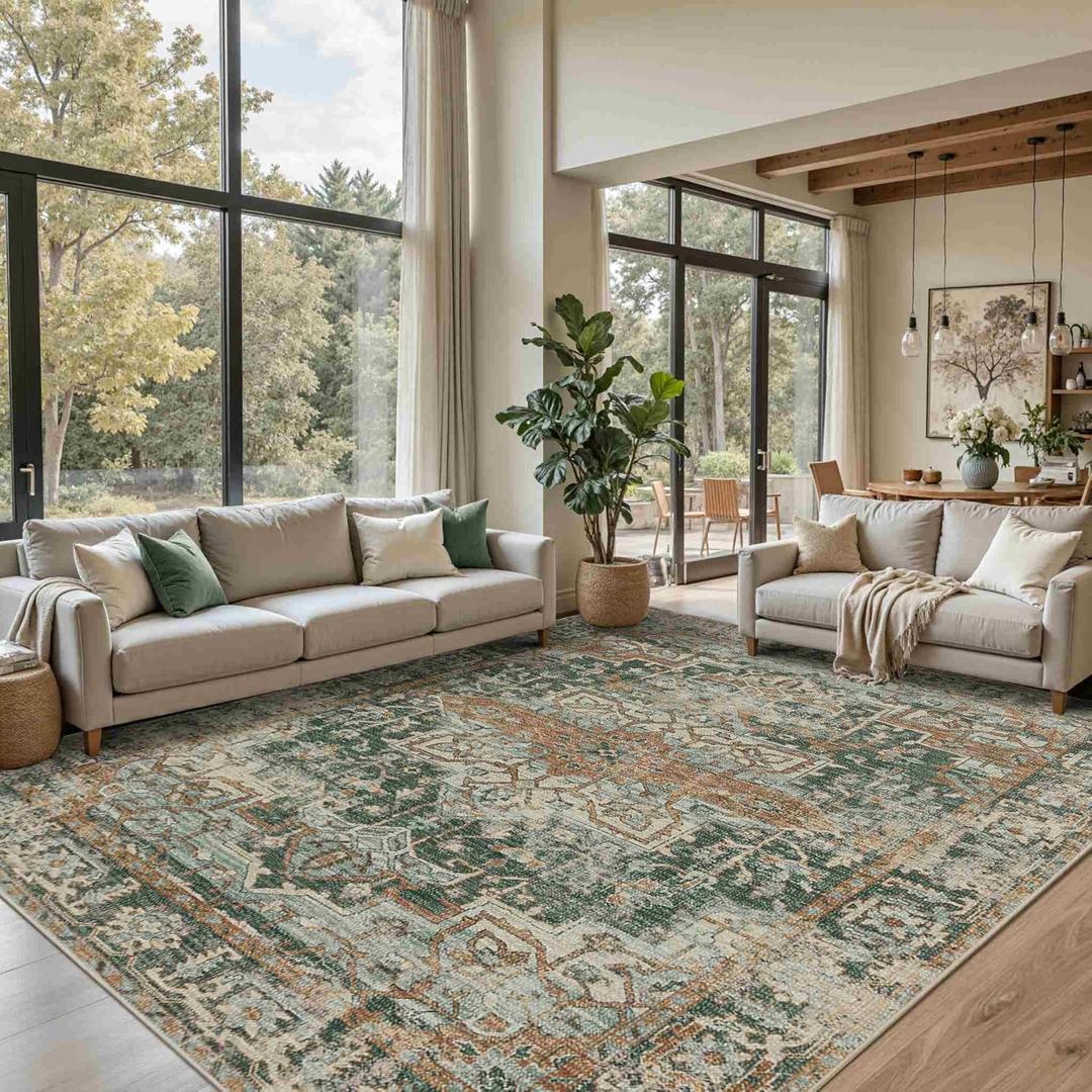 8x10 Area Rugs for Living Room Bedroom, Large Washable Rug, Green Vintage Retro Boho Rug, Non Slip & Low Pile Faux Wool Thin Carpet for Indoor Dining Room and Kids Room(Green/Brown 8x10ft)