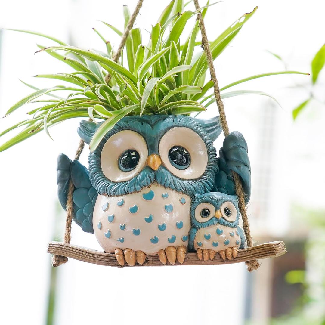 Swing Owl Hanging Planters for Indoor Plants, Cute Small Succulent Pots with Drainage Hole, Unique Resin Plant Hangers Outdoor, Hanging Plant Holder for String Of Pearls, Gift Ideas for Mother (Blue-2)