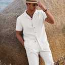 COOFANDY Men 2 Piece Linen Outfit Beach Button Down Shirt Casual Loose Pant Sets (White, L)