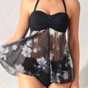 Tempt Me Womens Two Piece Bathing Suits Halter Bandeau Tankini Top Flyaway Swimsuit with Bottoms Tummy Control Swimwear (Black)